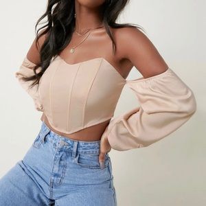 Binding trim lantern sleeve Bardot top